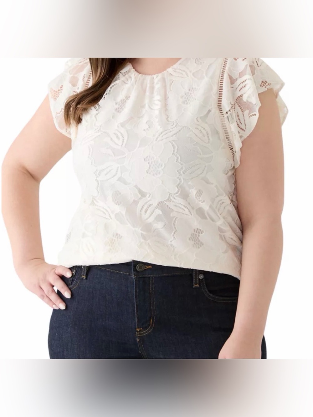 Anne Klein Ivory Lace Flutter-Sleeve Blouse